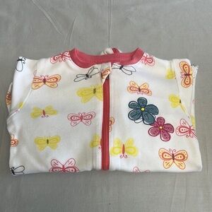 Colorful Butterfly Baby Onesie sleeper with Coral Trim and embroidered flowers